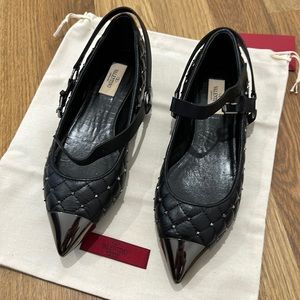 Valentino Black Silver Rockstud Quilted Spike Mary Jane Cap Toe Ballet Flats